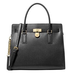 👜 Michael Kors Black Hamilton Large Satchel Gold Saffiano Leather EUC
